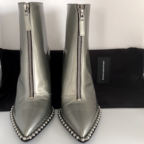 ALEXANDER WANG Eri Studded Metallic patent-leather ankle Boots New - Picture 12 of 13